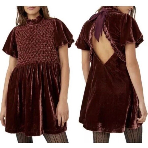 Free People Gum Drop Velvet Minidress in Chocolate Sz L NEW $168 - Picture 1 of 11